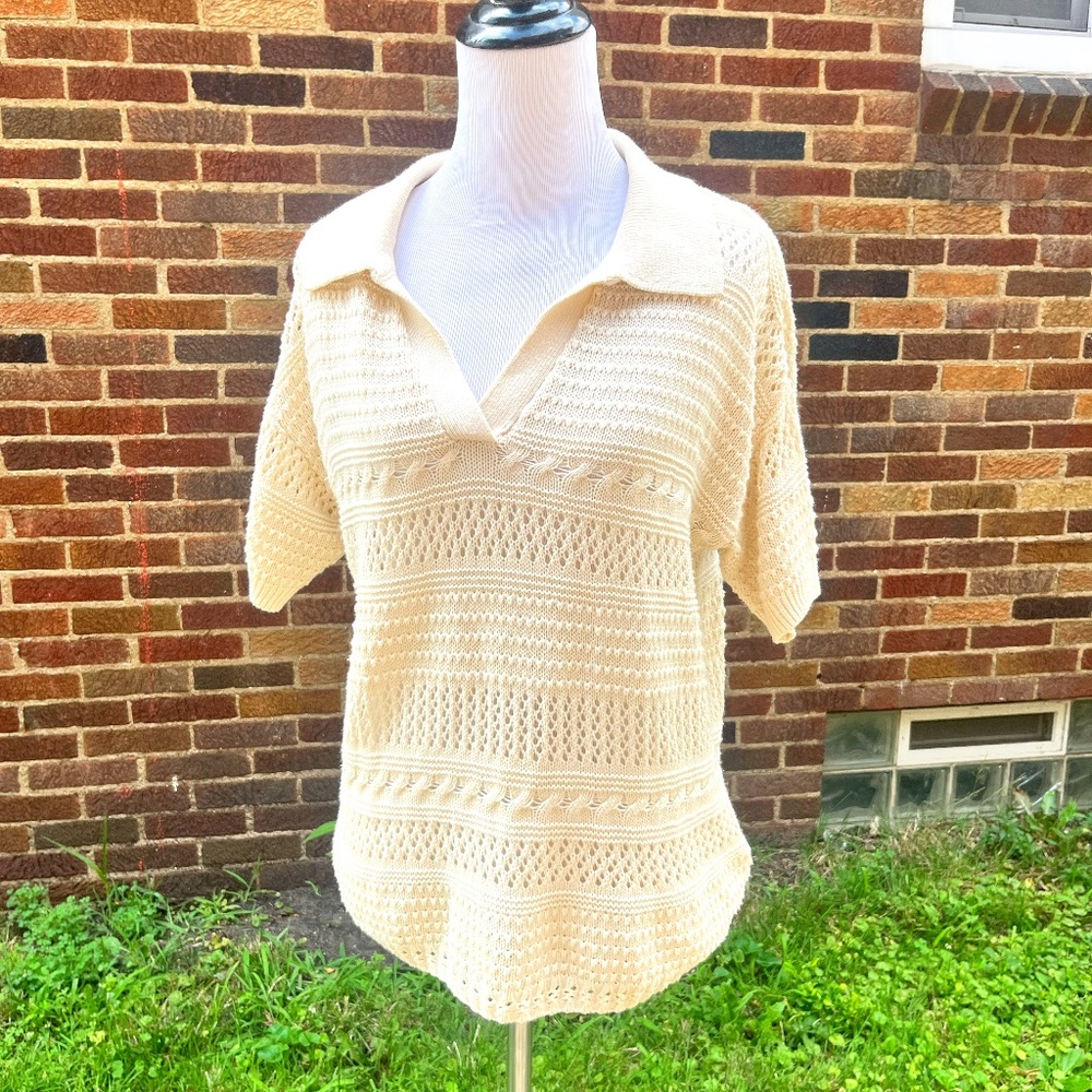 Joie short sleeve open knit crochet collared sweater ivory/cream M